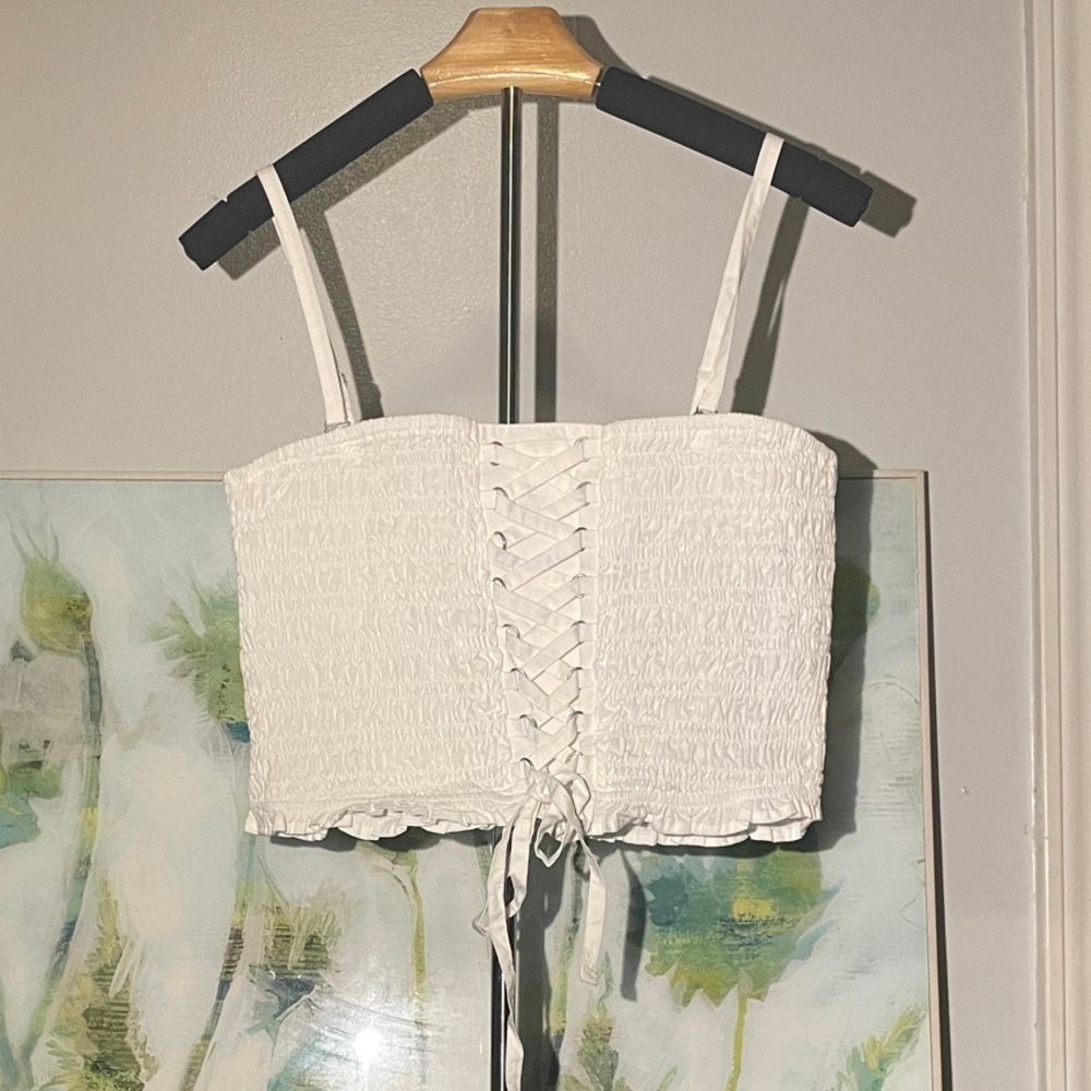 American Eagle Outfitters White Lace-Up Smocked Tank Top
